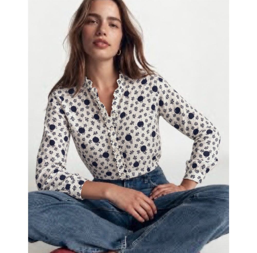 Boden Ruffled Trim Button Front Cotton Top Ivory & Navy Size 8